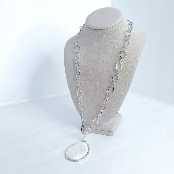 Vintage White Stone Pendant Mother of Pearl Teardrop Silver Chain Necklace - Picture 3 of 7